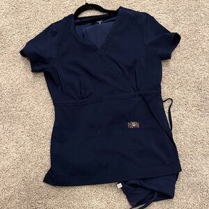 Navy Wrap Scrub Top with Pocket Detail